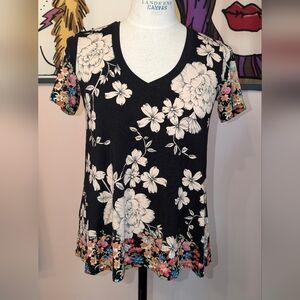 Johnny Was Black and White Floral Tee with Multicolor Accents